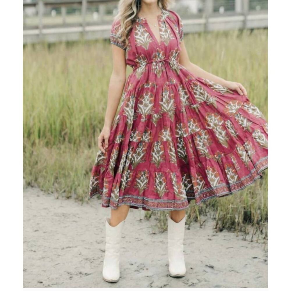 Victoria Dunn Ruby Wine Floral Midi Dress Puff Sleeve Tiered Sm Boho Block Print